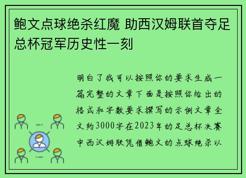 鲍文点球绝杀红魔 助西汉姆联首夺足总杯冠军历史性一刻