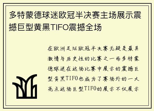 多特蒙德球迷欧冠半决赛主场展示震撼巨型黄黑TIFO震撼全场 多特蒙德球迷欧冠半决赛主场展示震撼巨型黄黑TIFO震撼全场